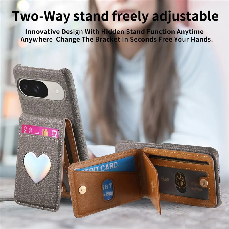 Case with Mirror Card Holder For Google Pixel 10 Pro  /  10  /  9 Pro  /  9 RFID Blocking Litchi Texture PU PC Phone Back Cover - Grey