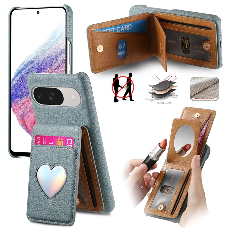 Case with Mirror Card Holder For Google Pixel 10 Pro  /  10  /  9 Pro  /  9 RFID Blocking Litchi Texture PU PC Phone Back Cover - Baby Blue