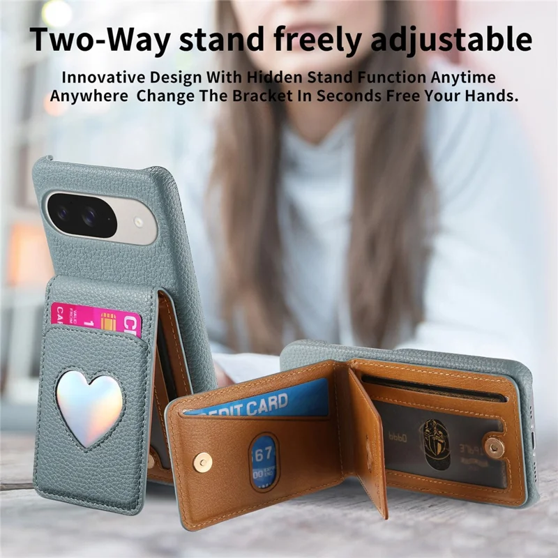 Case with Mirror Card Holder For Google Pixel 10 Pro  /  10  /  9 Pro  /  9 RFID Blocking Litchi Texture PU PC Phone Back Cover - Baby Blue
