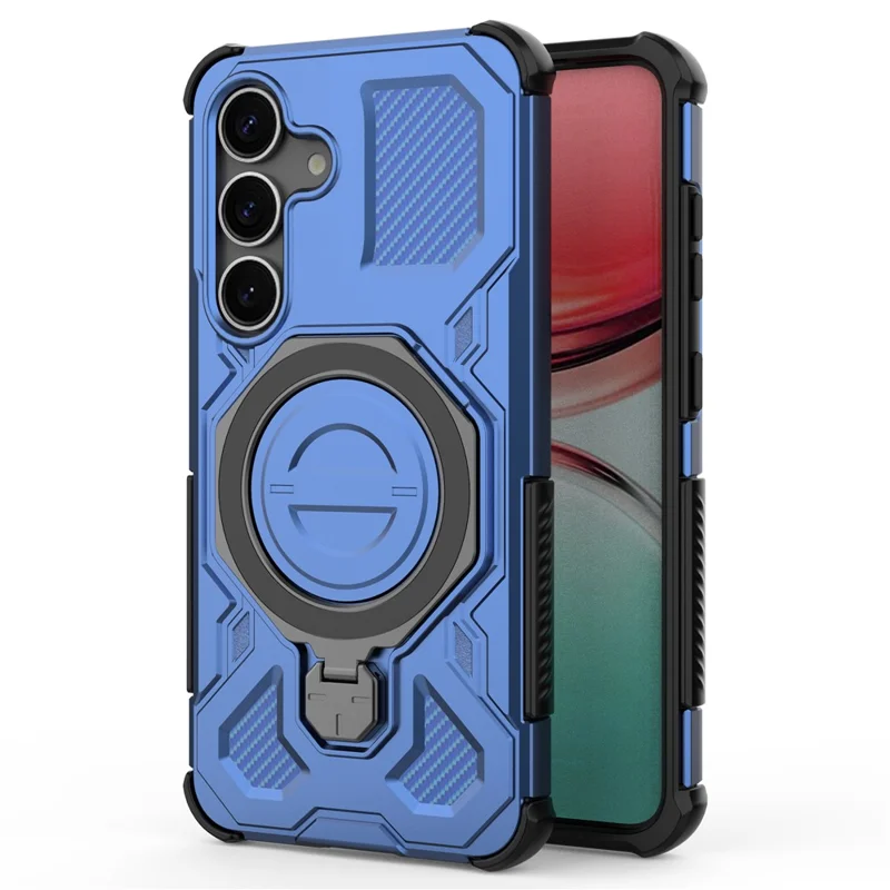 Für Samsung Galaxy S25 Magnetische Hülle mit rotierendem Metallständer PC + TPU Handyrückseite - Dunkelblau