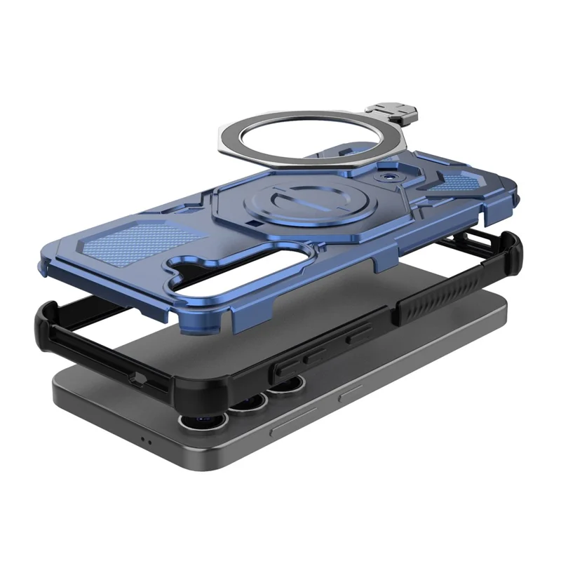 For Samsung Galaxy S25+ Magnetic Case Rotating Metal Kickstand PC + TPU Phone Back Cover - Dark Blue