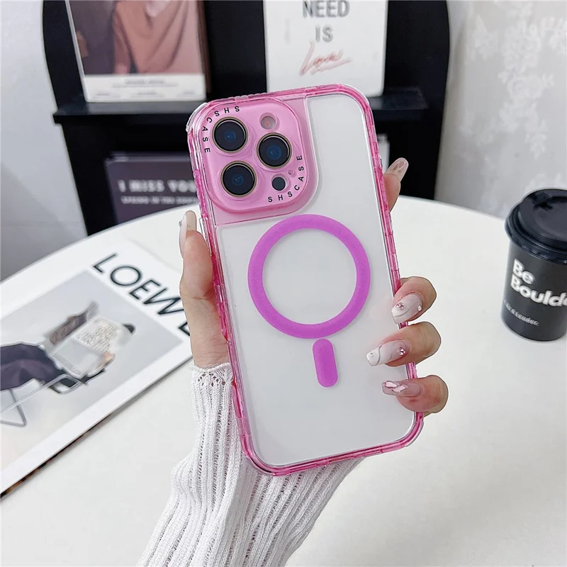 Чехол для iPhone 16 Pro Max с магнитной фиксацией, прозрачный, с цветной рамкой, TPU + PC, задняя крышка с защитой объектива - Розовый