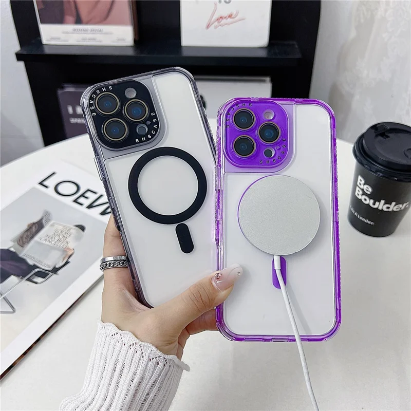 Чехол для iPhone 16 Pro Max с магнитной фиксацией, прозрачный, с цветной рамкой, TPU + PC, задняя крышка с защитой объектива - Розовый