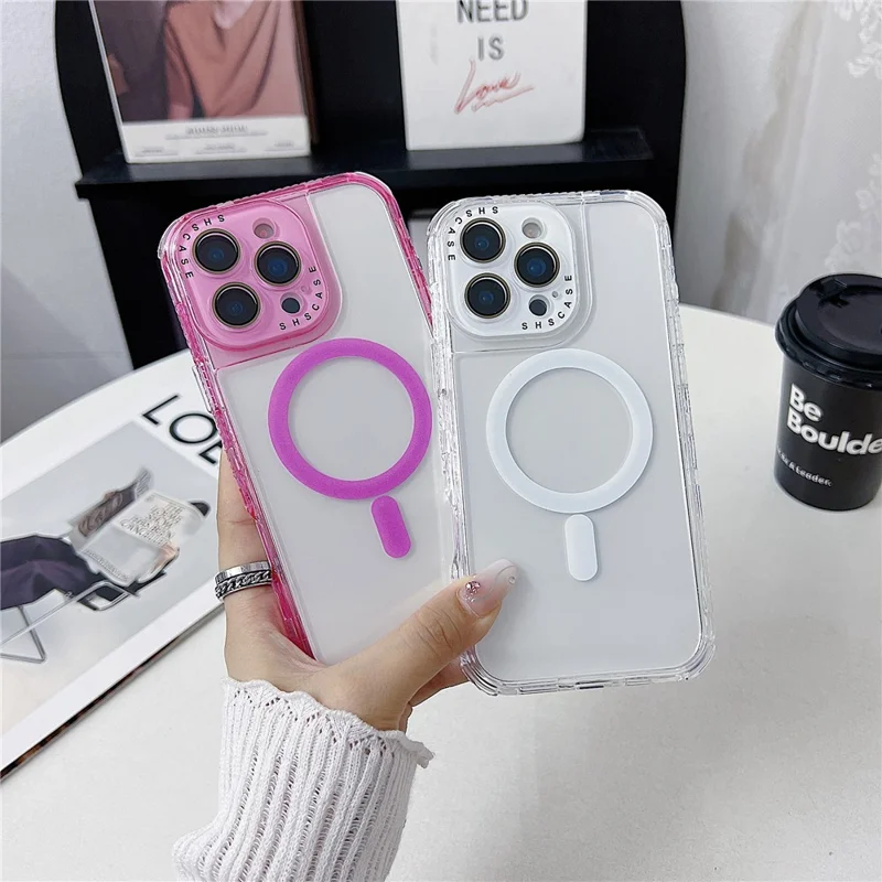 For iPhone 16 Pro Magnetic Case Clear Colorful Frame TPU + PC Phone Back Cover with Lens Film - Pink