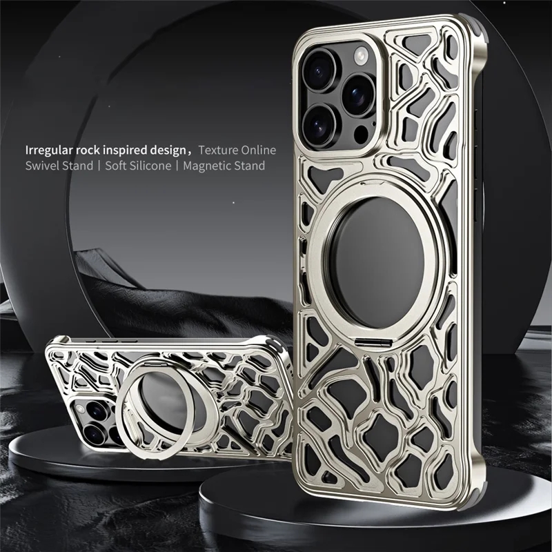 For iPhone 15 Pro Bumper Case Alloy Metal Borderless Back Cover with Magnetic Kickstand - Titanium