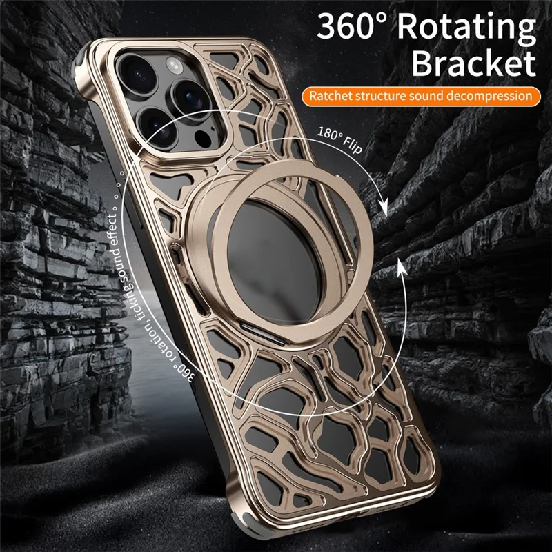 For iPhone 15 Pro Bumper Case Alloy Metal Borderless Back Cover with Magnetic Kickstand - Titanium