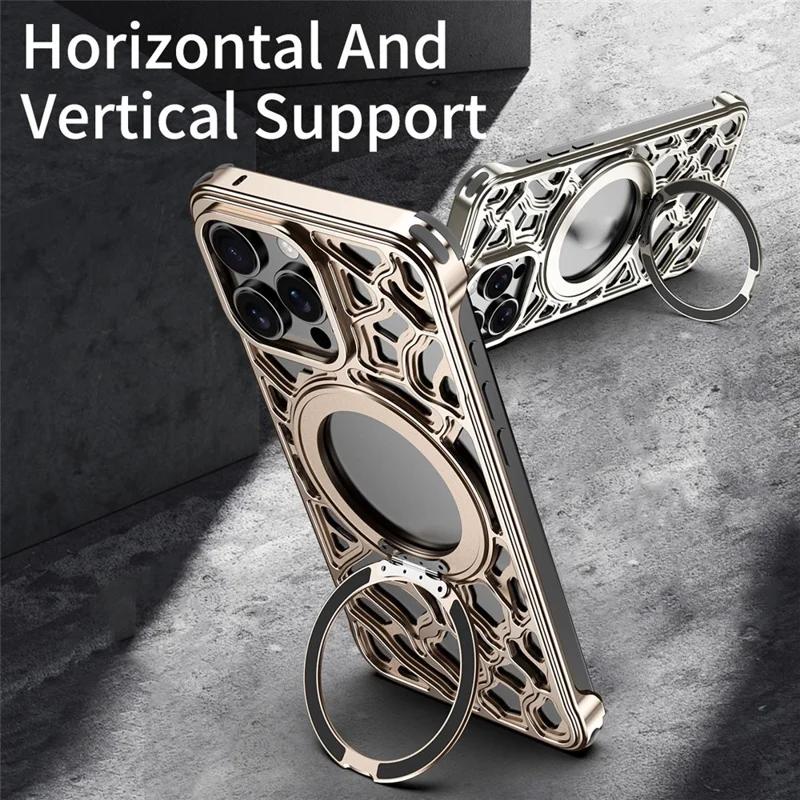 For iPhone 15 Pro Bumper Case Alloy Metal Borderless Back Cover with Magnetic Kickstand - Titanium