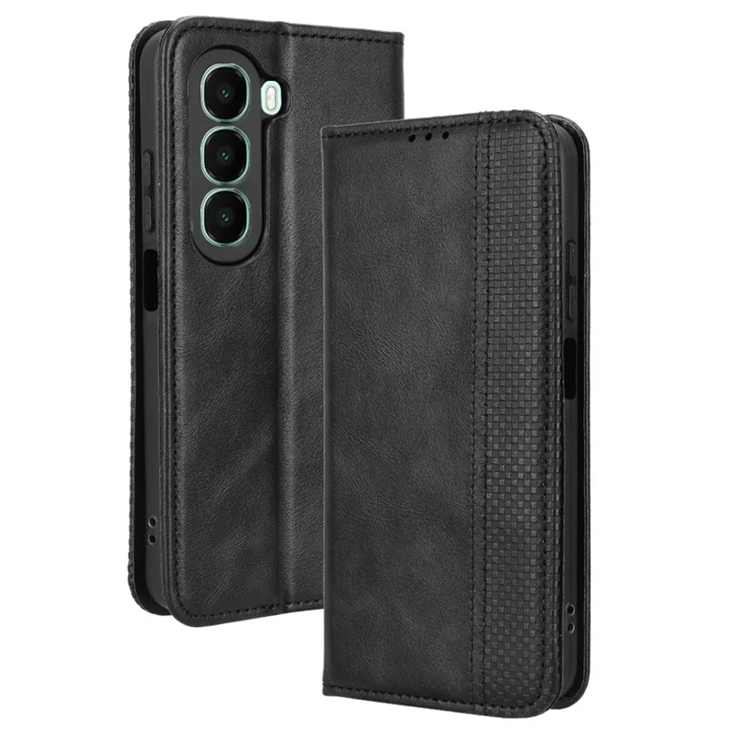 Чехол-кошелек для itel A95 5G из кожи со стойкой и ретро-текстурой - Черный