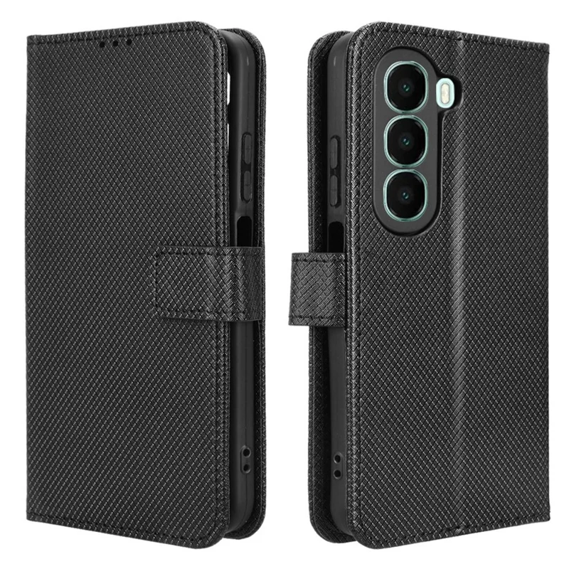 Чехол-бумажник из кожи для itel A95 5G с ремешком, с текстурой "бриллиант" - Черный