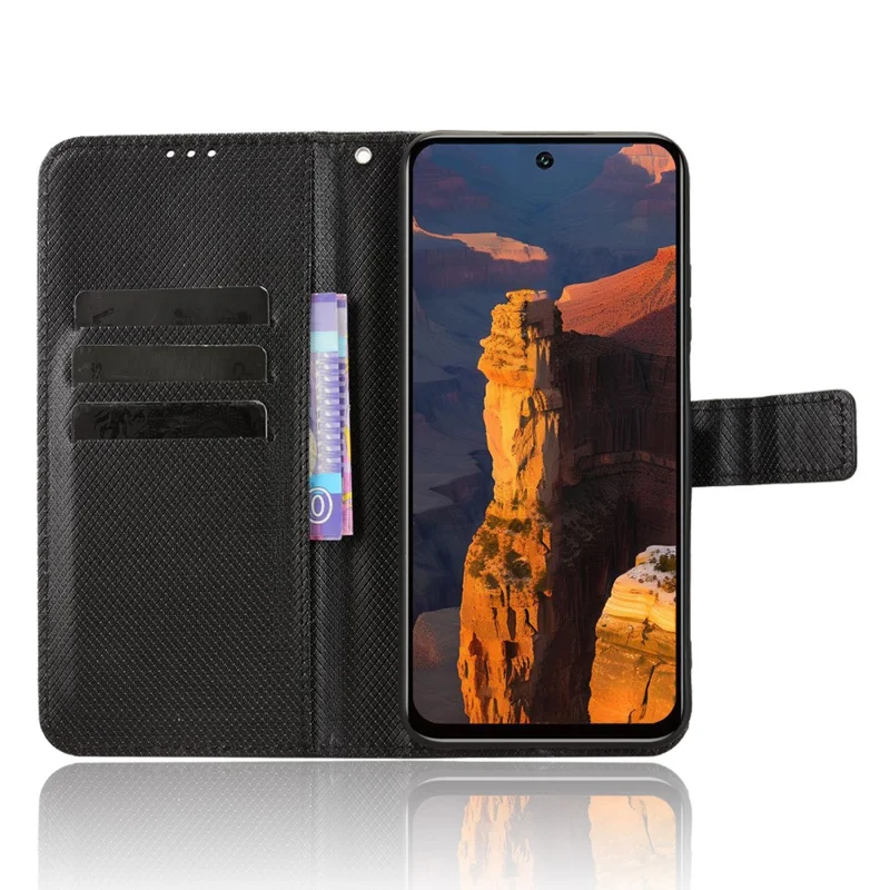 Чехол-бумажник из кожи для itel A95 5G с ремешком, с текстурой "бриллиант" - Черный