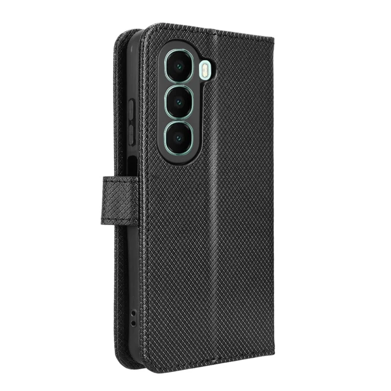 Чехол-бумажник из кожи для itel A95 5G с ремешком, с текстурой "бриллиант" - Черный