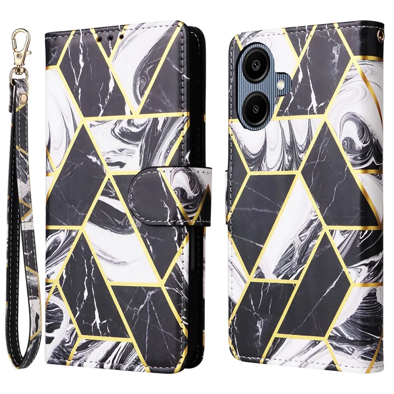Funda para teléfono para Samsung Galaxy A07 / A07 5G / A06 4G / 5G Cubierta de cuero con patrón de mármol lacado con correa para la muñeca - Negro