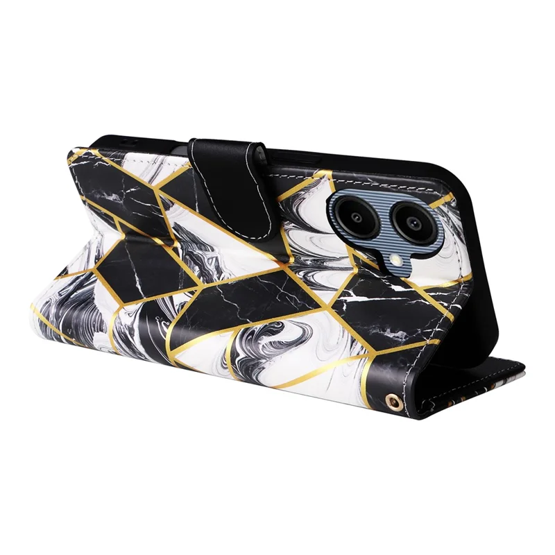 Funda para teléfono para Samsung Galaxy A07 / A07 5G / A06 4G / 5G Cubierta de cuero con patrón de mármol lacado con correa para la muñeca - Negro