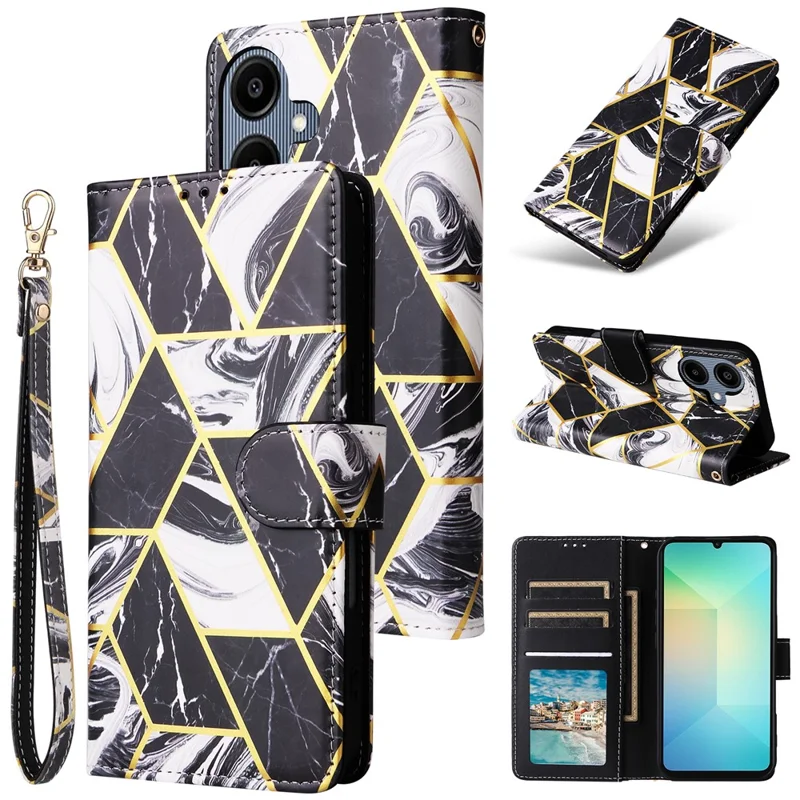Funda para teléfono para Samsung Galaxy A07 / A07 5G / A06 4G / 5G Cubierta de cuero con patrón de mármol lacado con correa para la muñeca - Negro