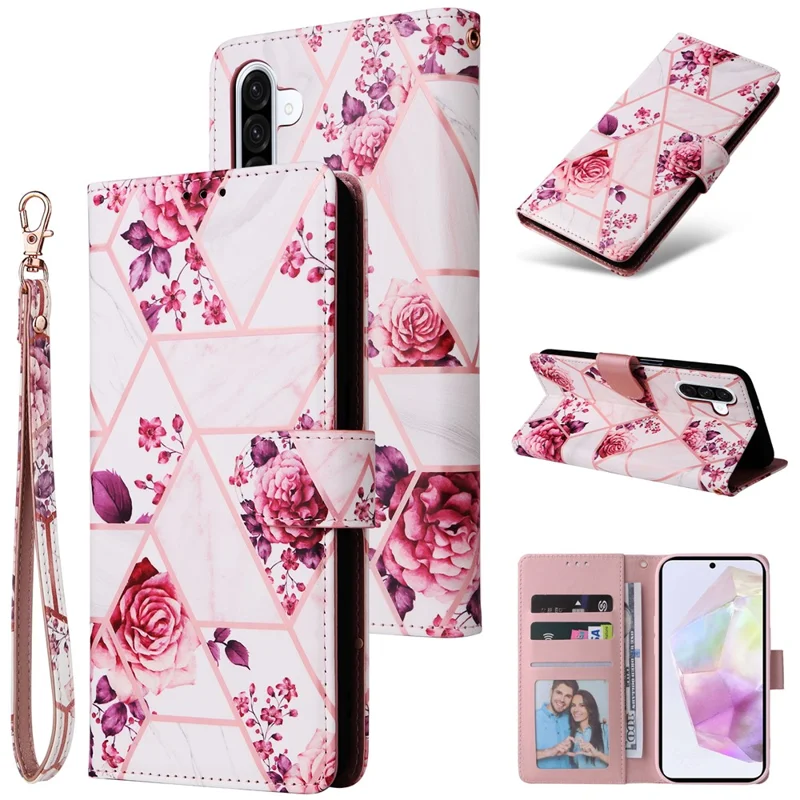 Capa de Couro com Padrão de Mármore Envernizado para Samsung Galaxy A17 / A17 5G / A26 5G com Alça de Pulso - Ouro Rosa
