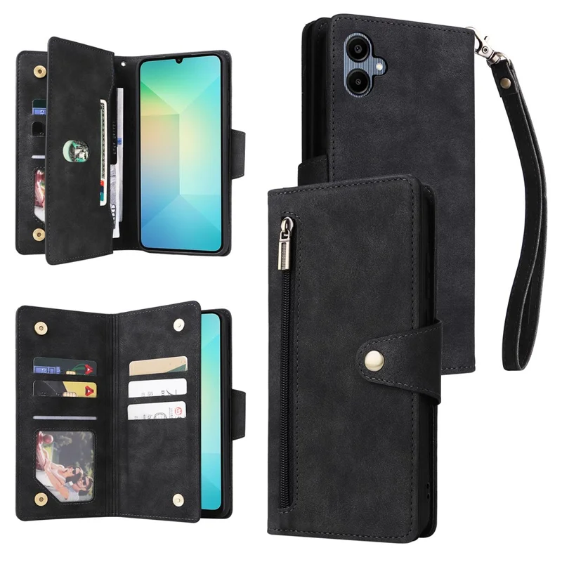 Phone Case For Samsung Galaxy A07 / A07 5G / A06 4G / 5G Zipper Wallet Rivet Decor Leather Cover with Wrist Strap - Black