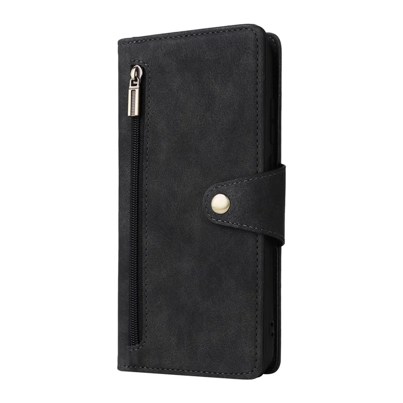 Phone Case For Samsung Galaxy A07 / A07 5G / A06 4G / 5G Zipper Wallet Rivet Decor Leather Cover with Wrist Strap - Black