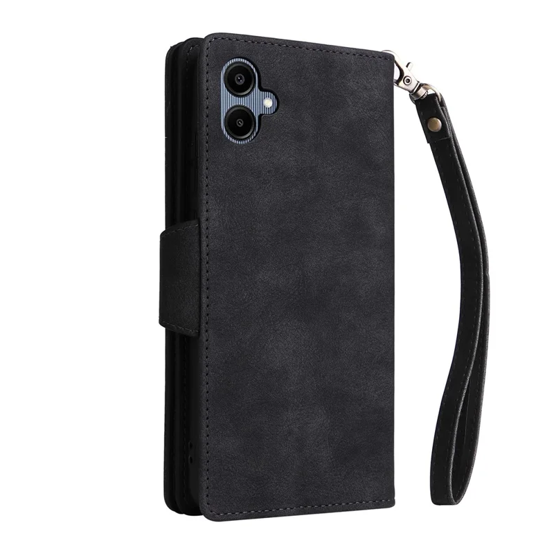 Phone Case For Samsung Galaxy A07 / A07 5G / A06 4G / 5G Zipper Wallet Rivet Decor Leather Cover with Wrist Strap - Black