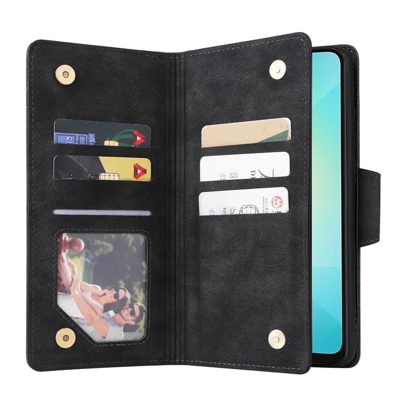 Phone Case For Samsung Galaxy A07 / A07 5G / A06 4G / 5G Zipper Wallet Rivet Decor Leather Cover with Wrist Strap - Black