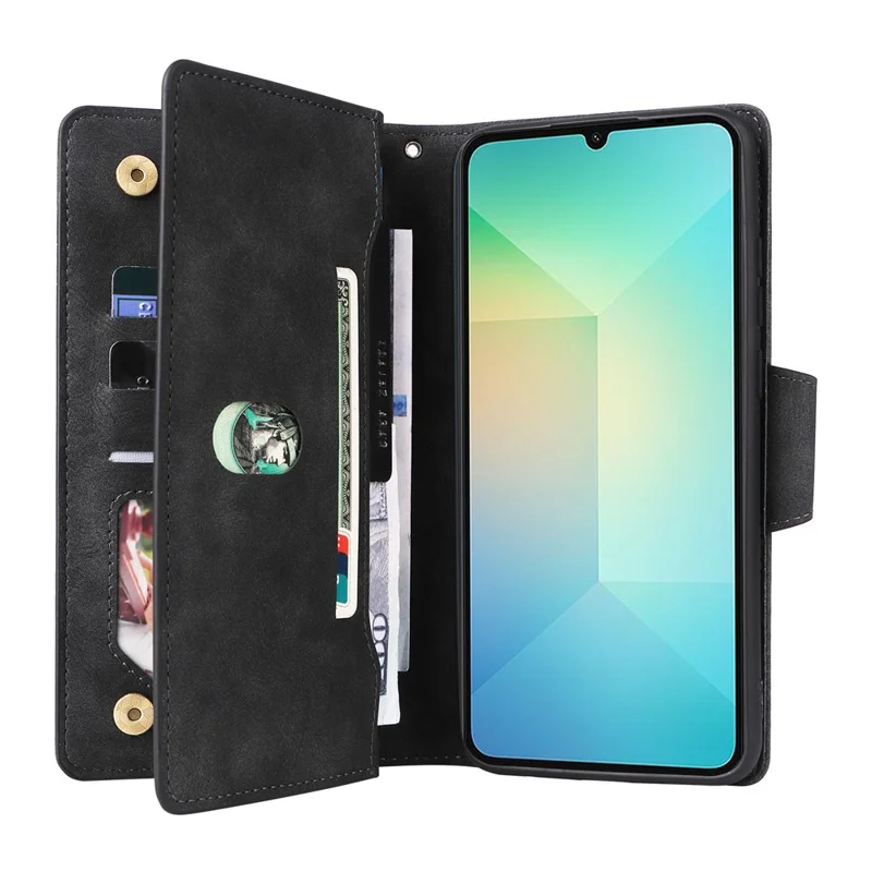 Phone Case For Samsung Galaxy A07 / A07 5G / A06 4G / 5G Zipper Wallet Rivet Decor Leather Cover with Wrist Strap - Black