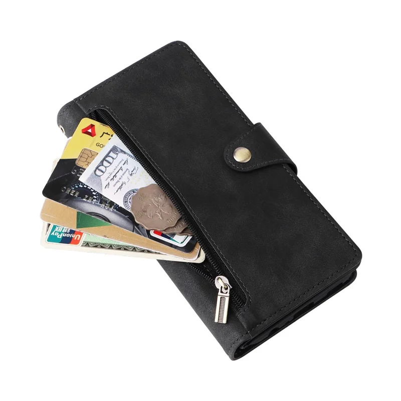 Phone Case For Samsung Galaxy A07 / A07 5G / A06 4G / 5G Zipper Wallet Rivet Decor Leather Cover with Wrist Strap - Black