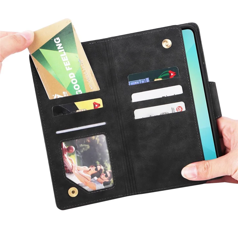 Phone Case For Samsung Galaxy A07 / A07 5G / A06 4G / 5G Zipper Wallet Rivet Decor Leather Cover with Wrist Strap - Black