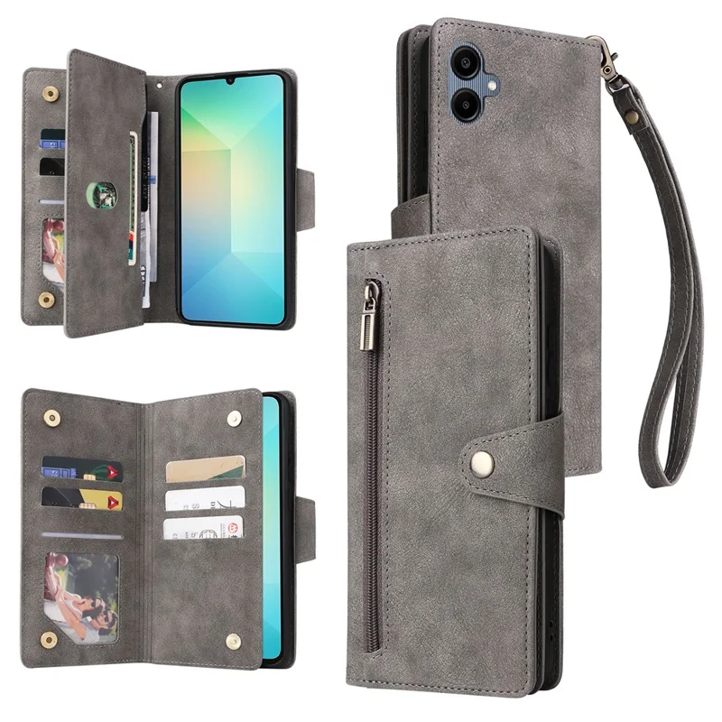 Phone Case For Samsung Galaxy A07 4G / A06 4G / A06 5G Zipper Wallet Rivet Decor Leather Cover with Wrist Strap - Grey