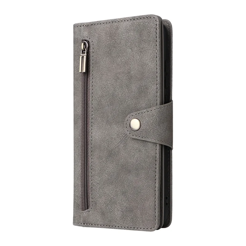 Phone Case For Samsung Galaxy A07 4G / A06 4G / A06 5G Zipper Wallet Rivet Decor Leather Cover with Wrist Strap - Grey