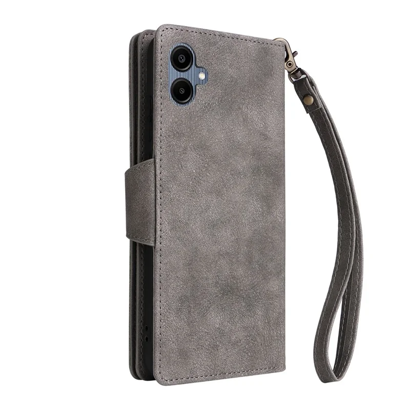 Phone Case For Samsung Galaxy A07 4G / A06 4G / A06 5G Zipper Wallet Rivet Decor Leather Cover with Wrist Strap - Grey