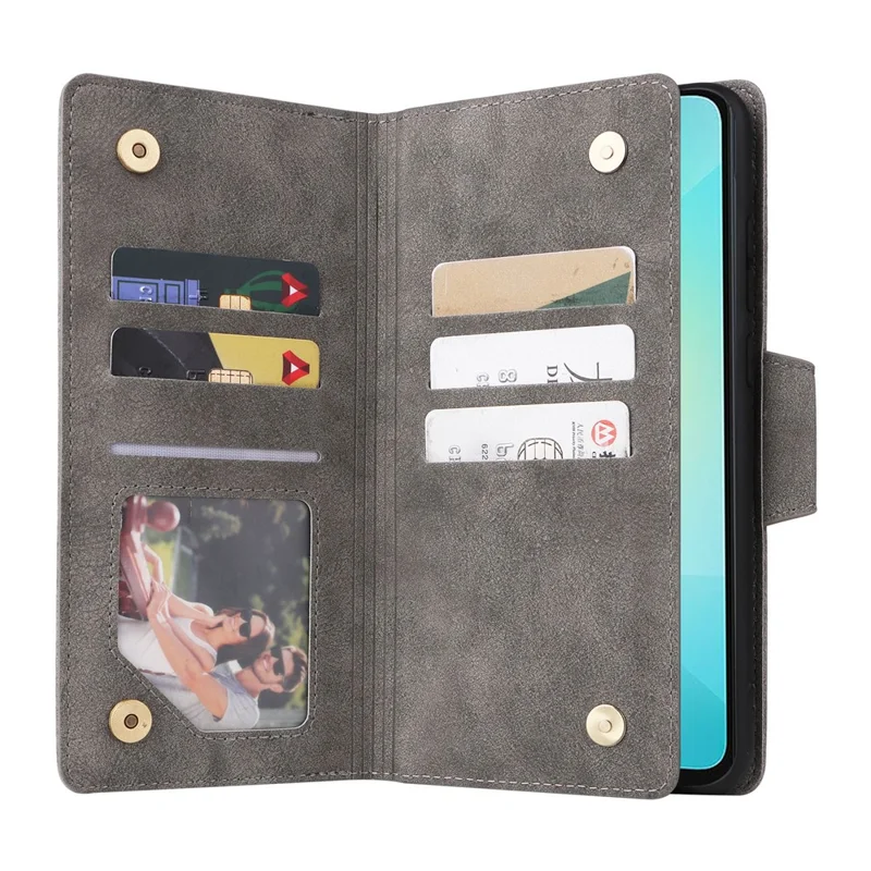 Phone Case For Samsung Galaxy A07 4G / A06 4G / A06 5G Zipper Wallet Rivet Decor Leather Cover with Wrist Strap - Grey