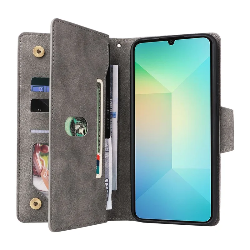 Phone Case For Samsung Galaxy A07 4G / A06 4G / A06 5G Zipper Wallet Rivet Decor Leather Cover with Wrist Strap - Grey