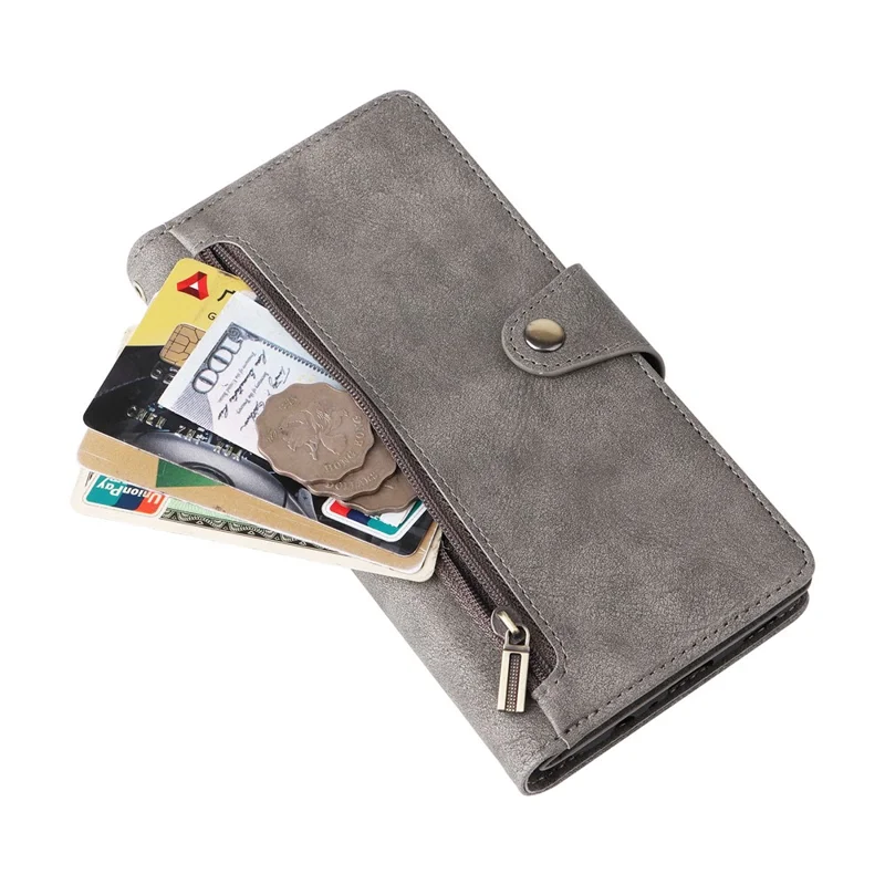 Phone Case For Samsung Galaxy A07 4G / A06 4G / A06 5G Zipper Wallet Rivet Decor Leather Cover with Wrist Strap - Grey