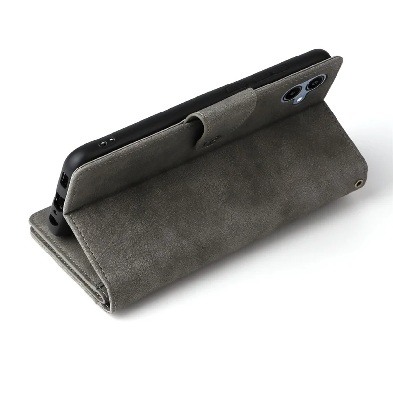 Phone Case For Samsung Galaxy A07 4G / A06 4G / A06 5G Zipper Wallet Rivet Decor Leather Cover with Wrist Strap - Grey