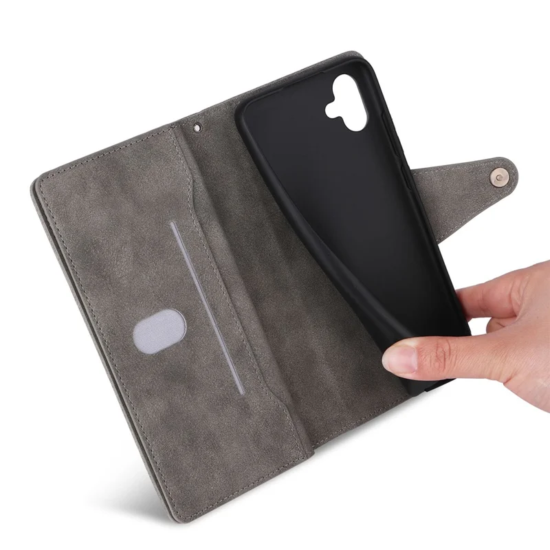 Phone Case For Samsung Galaxy A07 4G / A06 4G / A06 5G Zipper Wallet Rivet Decor Leather Cover with Wrist Strap - Grey