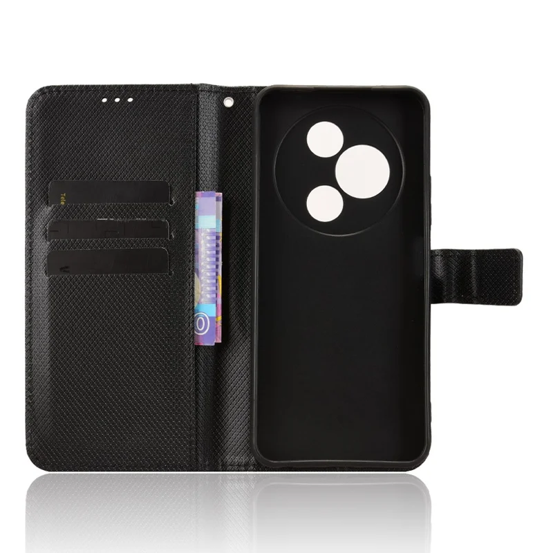 Funda tipo cartera de cuero para TCL 605 4G / 60 SE con correa y textura de diamante - Negro