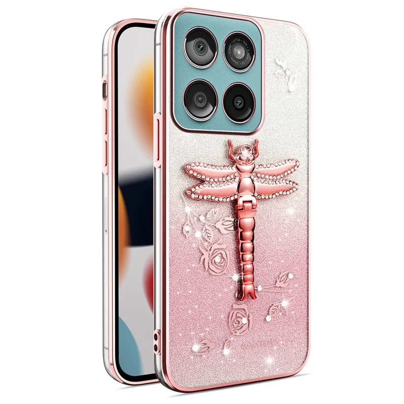 KADEM Phone Case For Motorola Edge 60 5G  /  Edge 60 Fusion 5G  /  Edge 60s 5G Dragonfly Kickstand Flowers Glitter TPU Cover - Pink