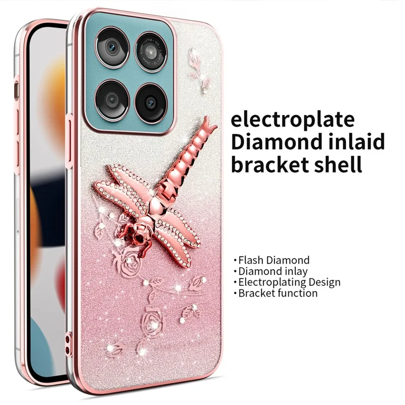 KADEM Phone Case For Motorola Edge 60 5G  /  Edge 60 Fusion 5G  /  Edge 60s 5G Dragonfly Kickstand Flowers Glitter TPU Cover - Pink