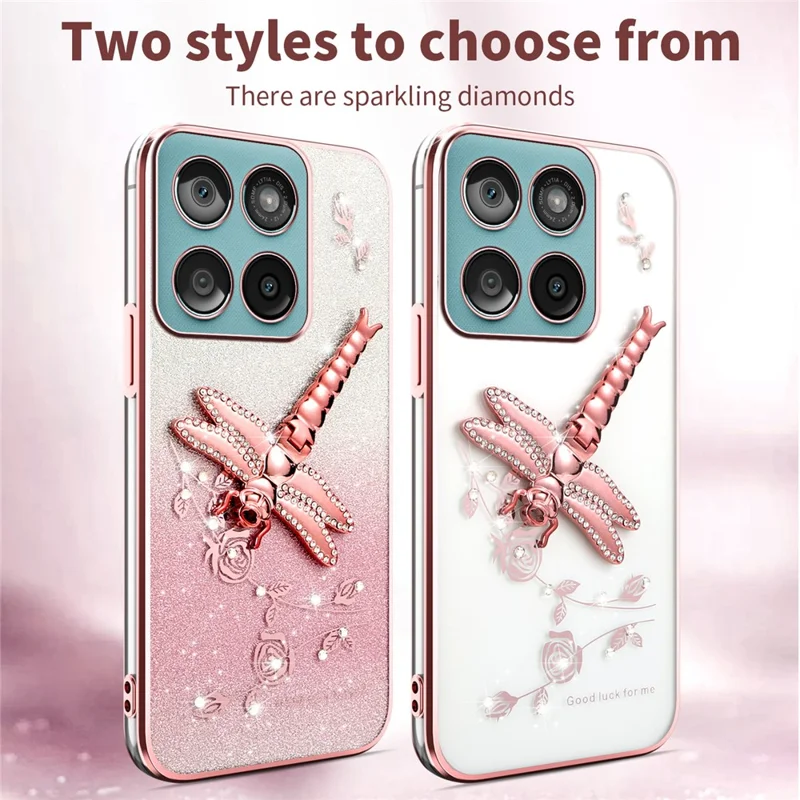 KADEM Phone Case For Motorola Edge 60 5G  /  Edge 60 Fusion 5G  /  Edge 60s 5G Dragonfly Kickstand Flowers Glitter TPU Cover - Pink