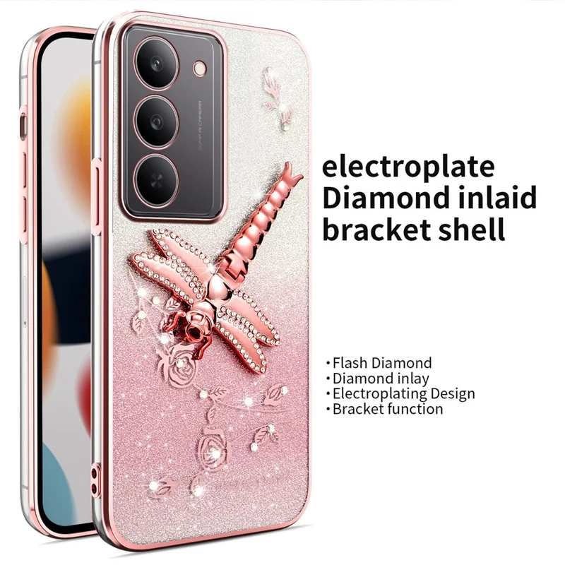 KADEM Pour Étui Realme 14x 5G Libellule Support Béquille TPU Fleurs Paillettes Housse de Téléphone - Rose