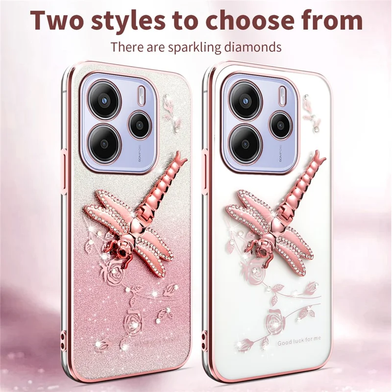 KADEM For Xiaomi Redmi Note 14 4G (163.25mm) Case Dragonfly Kickstand TPU Flowers Glitter Phone Cover - Pink