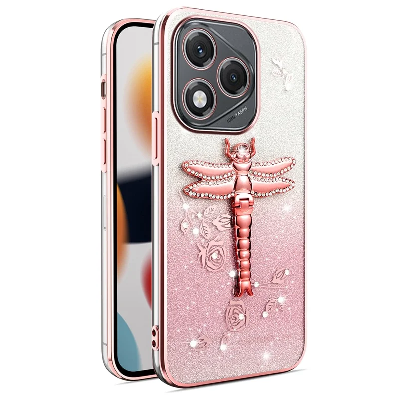 Чехол KADEM для Honor 400 Lite 5G с подставкой, с принтом стрекозы, цветами и блестками - Розовое золото