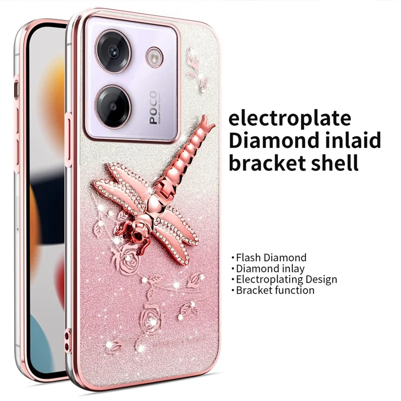 KADEM Pour Xiaomi Poco M7 Pro 5G Coque Libellule Support TPU Fleurs Paillettes Étui de téléphone - Rose