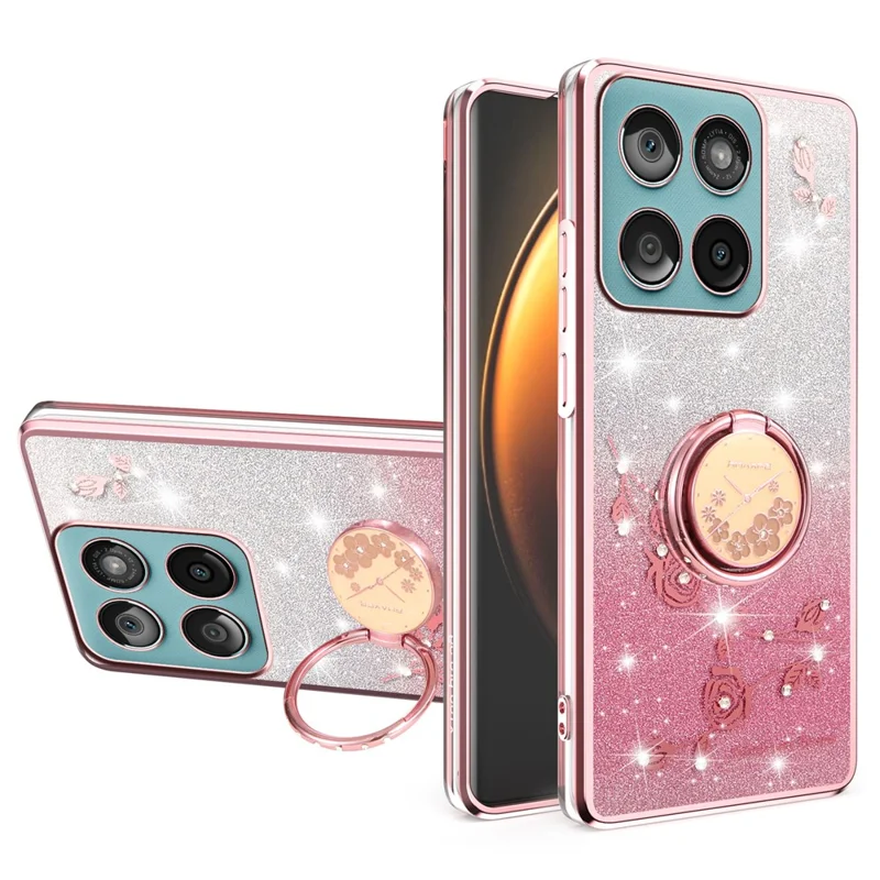 KADEM Phone Case with Ring Kickstand For Motorola Edge 60 Fusion 5G  /  Edge 60 5G  /  Edge 60s 5G TPU Cover Flowers Gradient Glitter - Pink