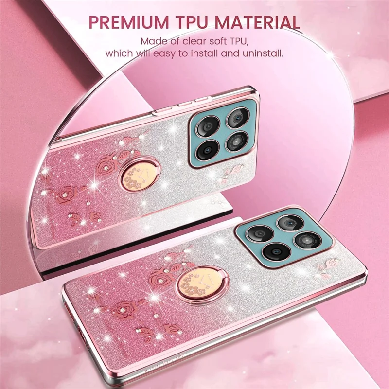 KADEM Phone Case with Ring Kickstand For Motorola Edge 60 Fusion 5G  /  Edge 60 5G  /  Edge 60s 5G TPU Cover Flowers Gradient Glitter - Pink