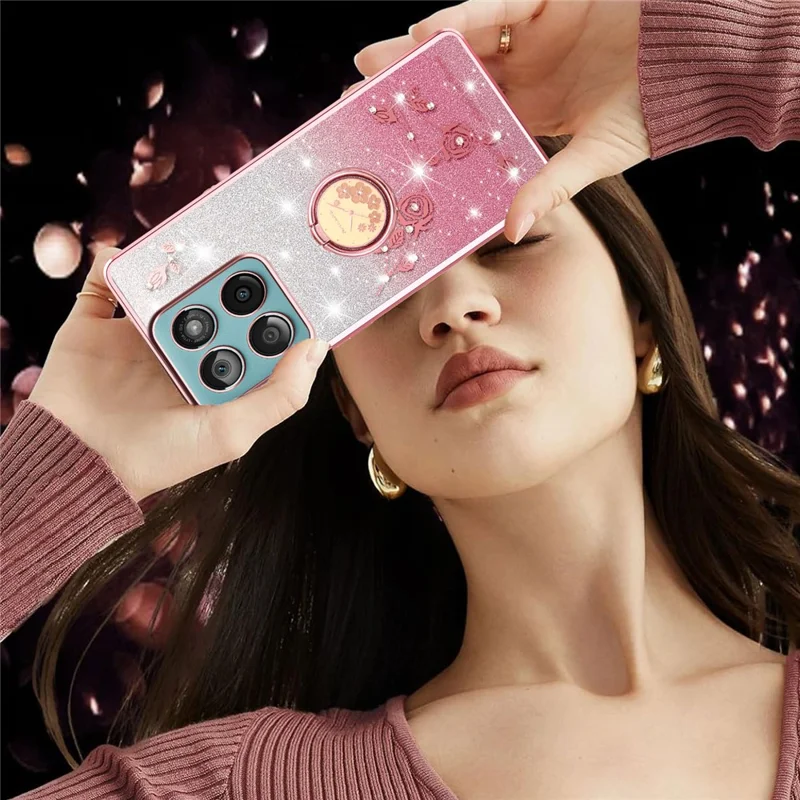 KADEM Phone Case with Ring Kickstand For Motorola Edge 60 Fusion 5G  /  Edge 60 5G  /  Edge 60s 5G TPU Cover Flowers Gradient Glitter - Pink
