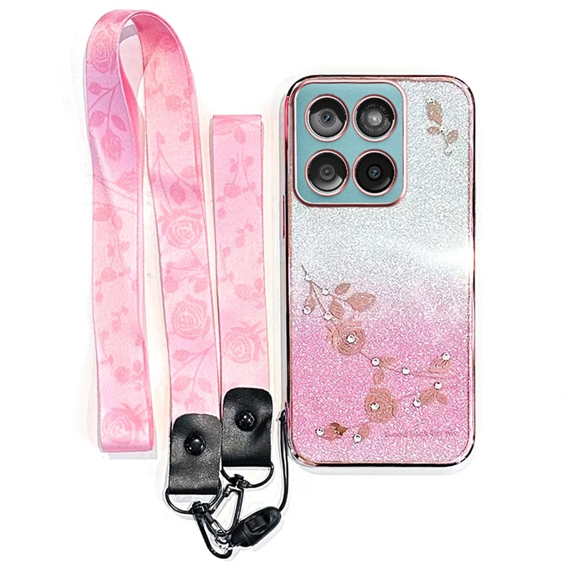 KADEM For Motorola Edge 60 Fusion 5G  /  Edge 60 5G  /  Edge 60s 5G Case Flower Pattern TPU Gradient Phone Cover with Lanyards - Rose Gold