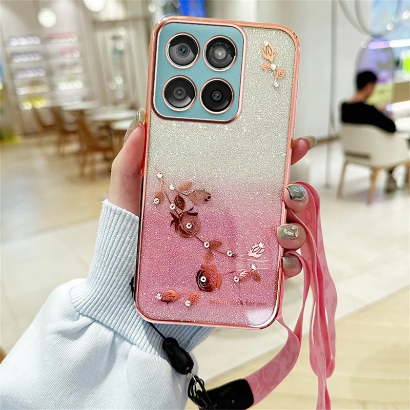 KADEM For Motorola Edge 60 Fusion 5G  /  Edge 60 5G  /  Edge 60s 5G Case Flower Pattern TPU Gradient Phone Cover with Lanyards - Rose Gold