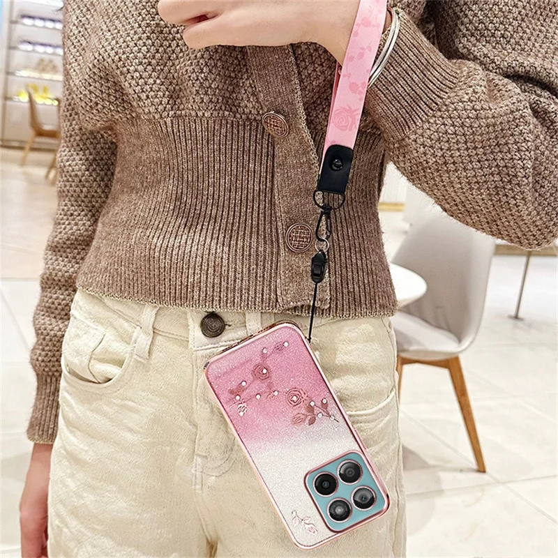 KADEM For Motorola Edge 60 Fusion 5G  /  Edge 60 5G  /  Edge 60s 5G Case Flower Pattern TPU Gradient Phone Cover with Lanyards - Rose Gold