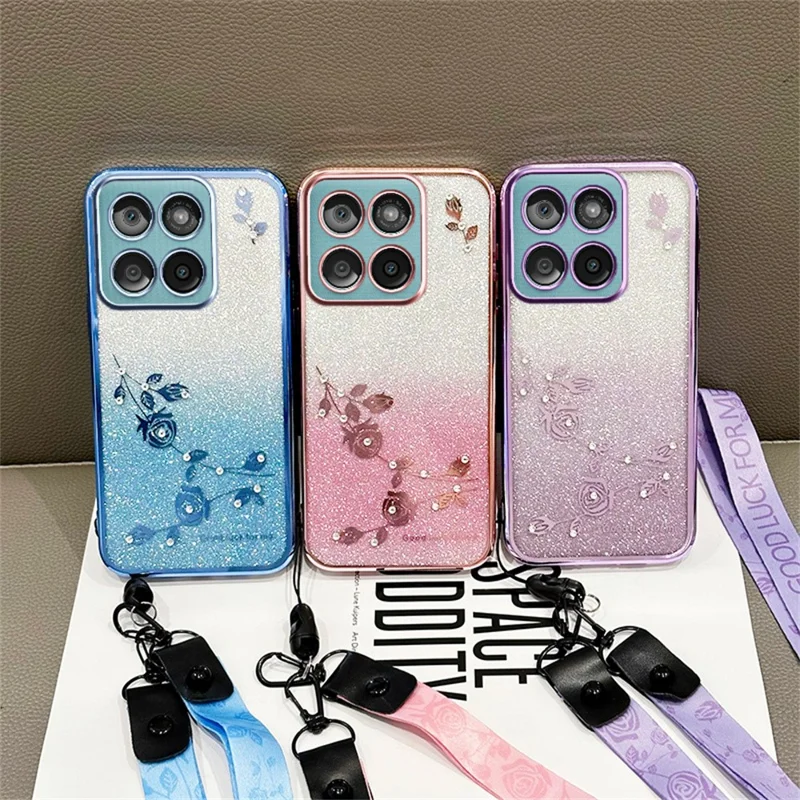 KADEM For Motorola Edge 60 Fusion 5G  /  Edge 60 5G  /  Edge 60s 5G Case Flower Pattern TPU Gradient Phone Cover with Lanyards - Rose Gold