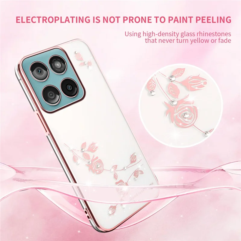 KADEM Funda con Decoración de Flores y Strass con Electrodepósito TPU para Motorola Edge 60 Fusion 5G / Edge 60s 5G / Edge 60 5G - Oro Rosa